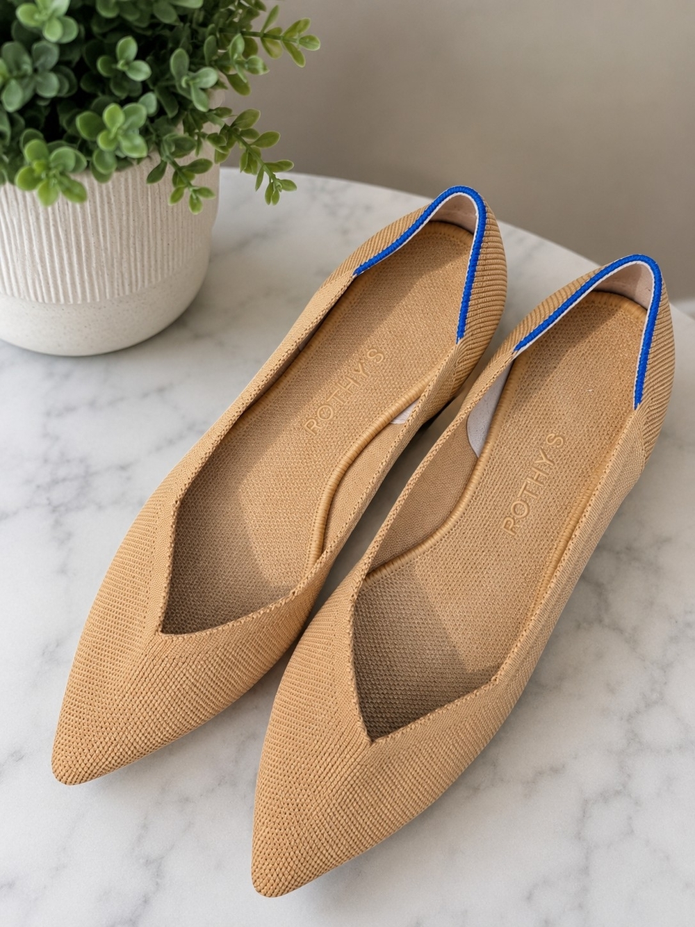 Rothy's Pointed Knit Ballet Flats in Tan with Blue Trim
